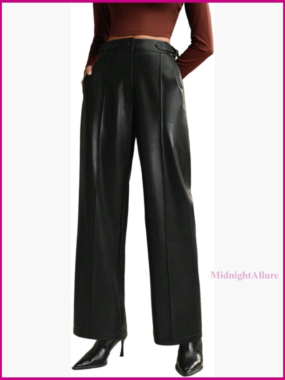 High Waist Wide Leg Faux Leather Pants Business Casual Trousers With Pockets